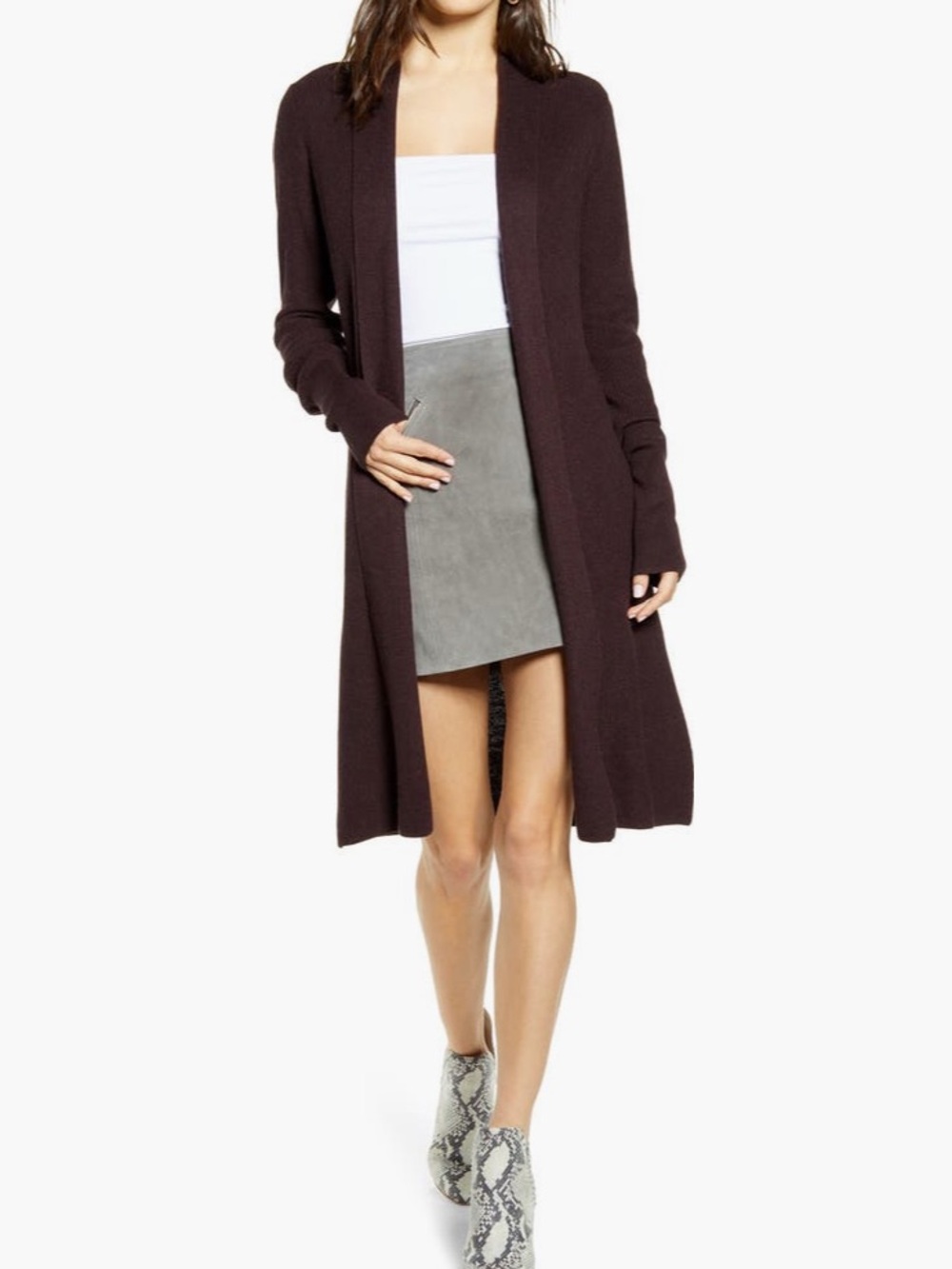 Leith Long Open Front Duster Cardigan in Dark Brown